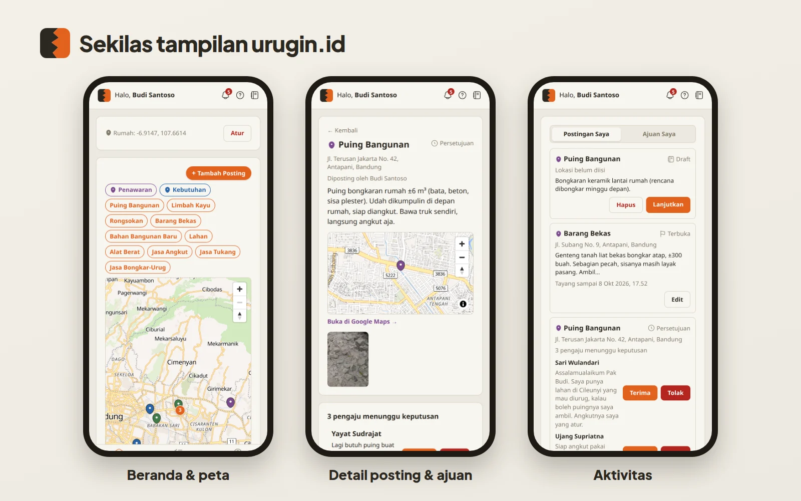 Sekilas tampilan urugin.id: Beranda dengan peta, detail posting & ajuan, dan halaman Aktivitas